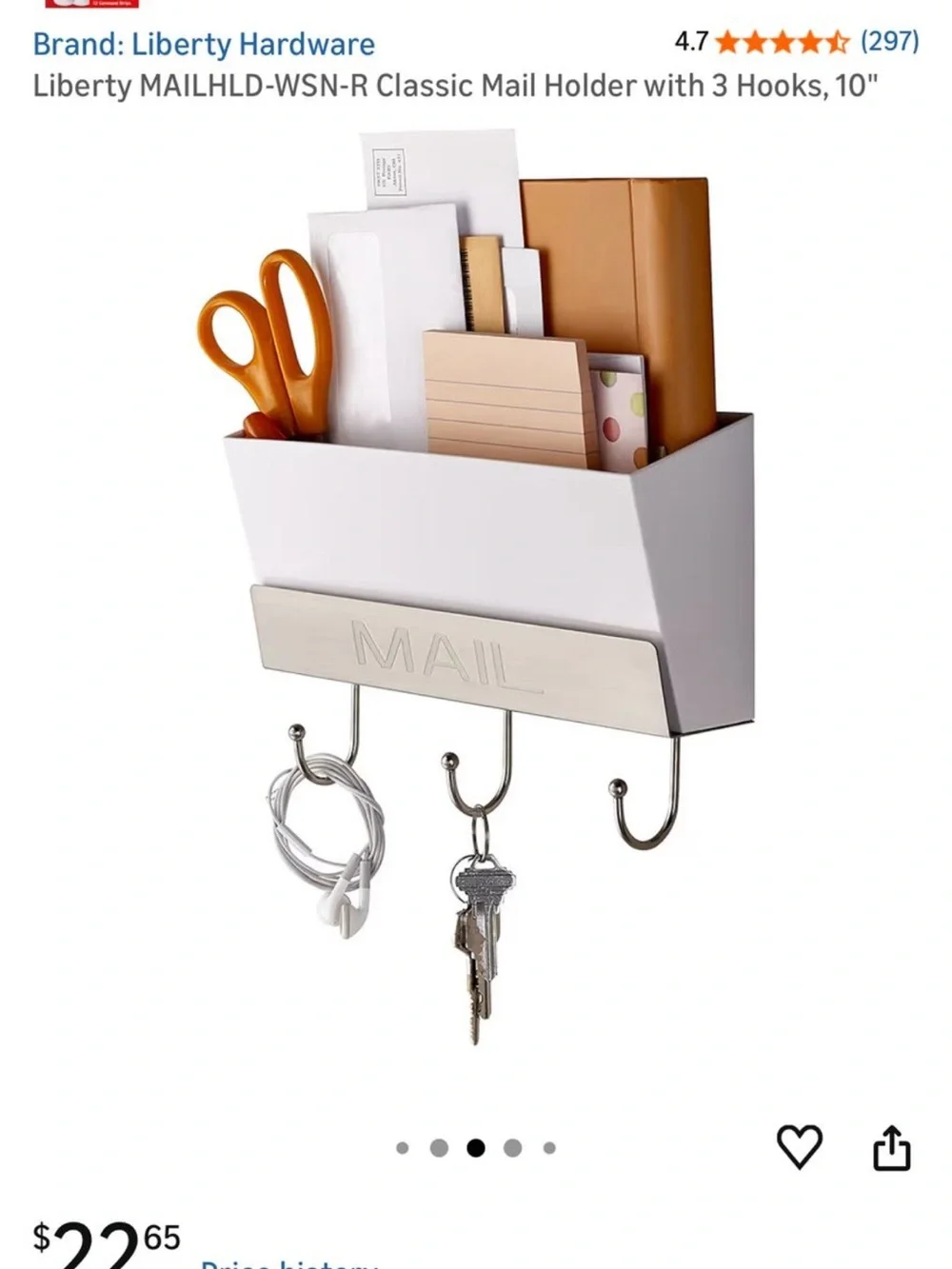 MAIL Wall Mail Organizer with 3 Hooks - White and Silver